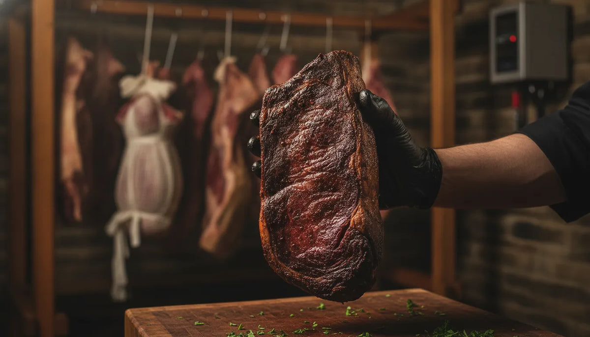 Side-by-side comparison of a dry-aged ribeye with a dark crust and a fresh bright ribeye cut